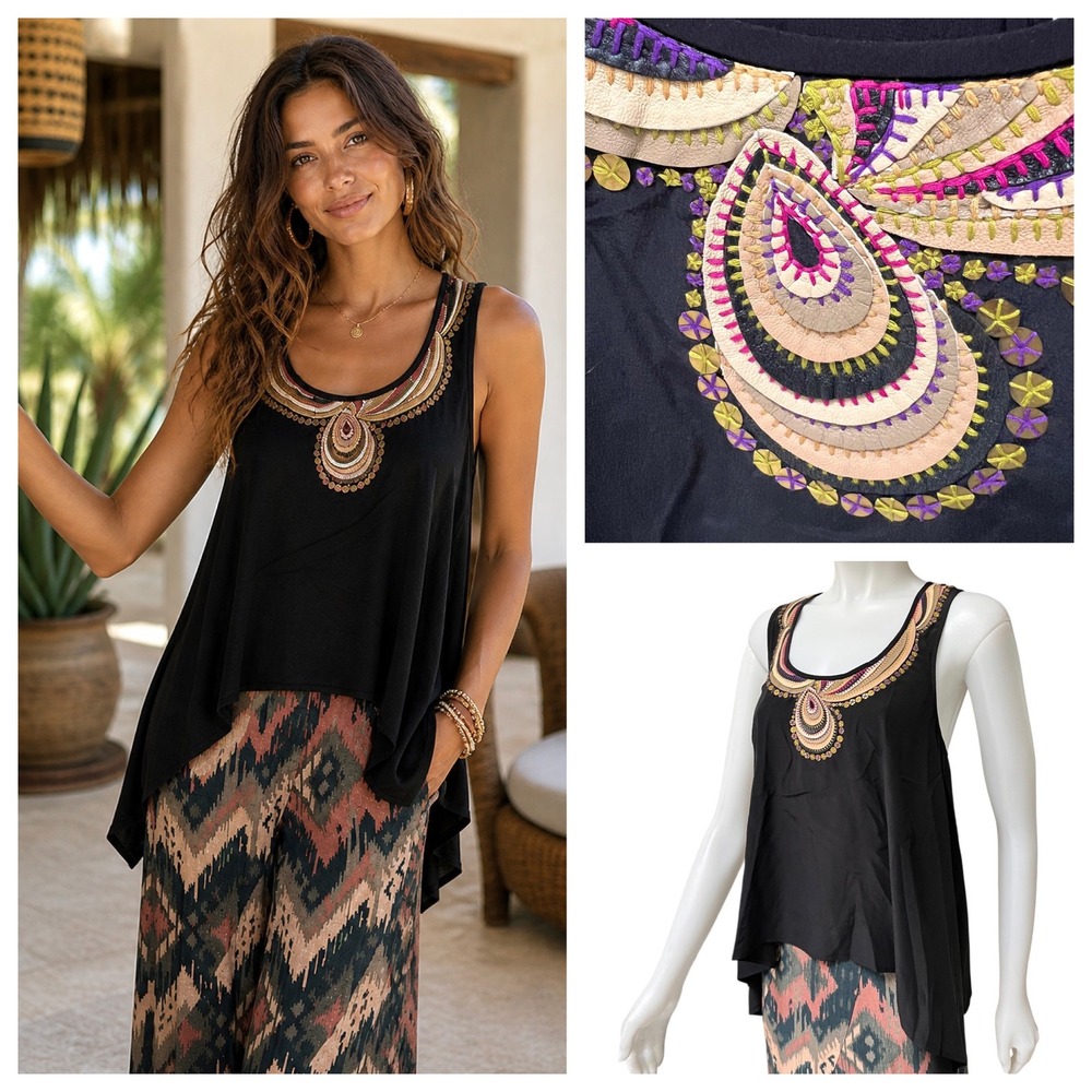 Trina Turk 100% Silk Beaded Black Tank Top Racerback Indie Sleaze Boho Sz S 2K
